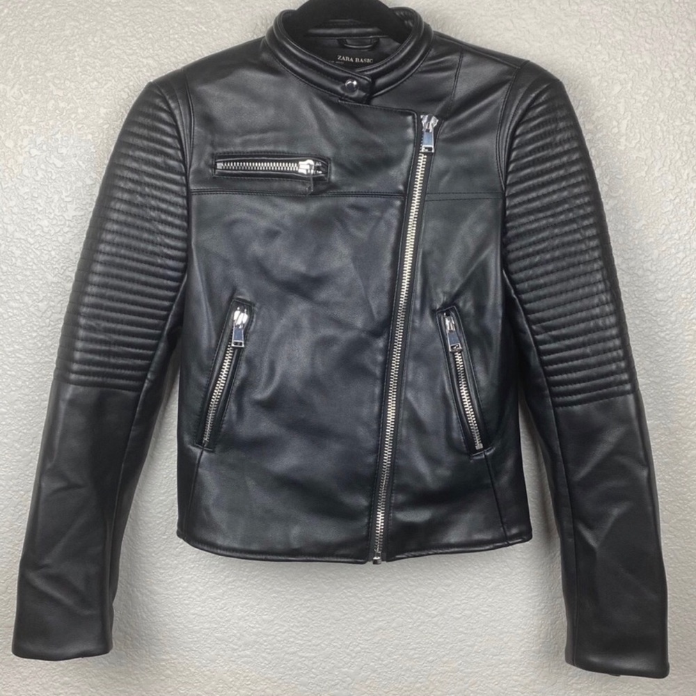 Zara Moto Jacket Black Quilted Faux Leather  XS